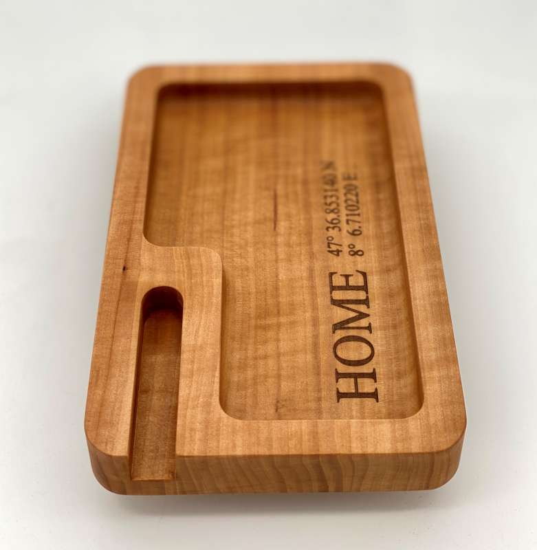 Catchalltray "HOME" with smartphone dock made of cherry wood with personal coordinate engraving